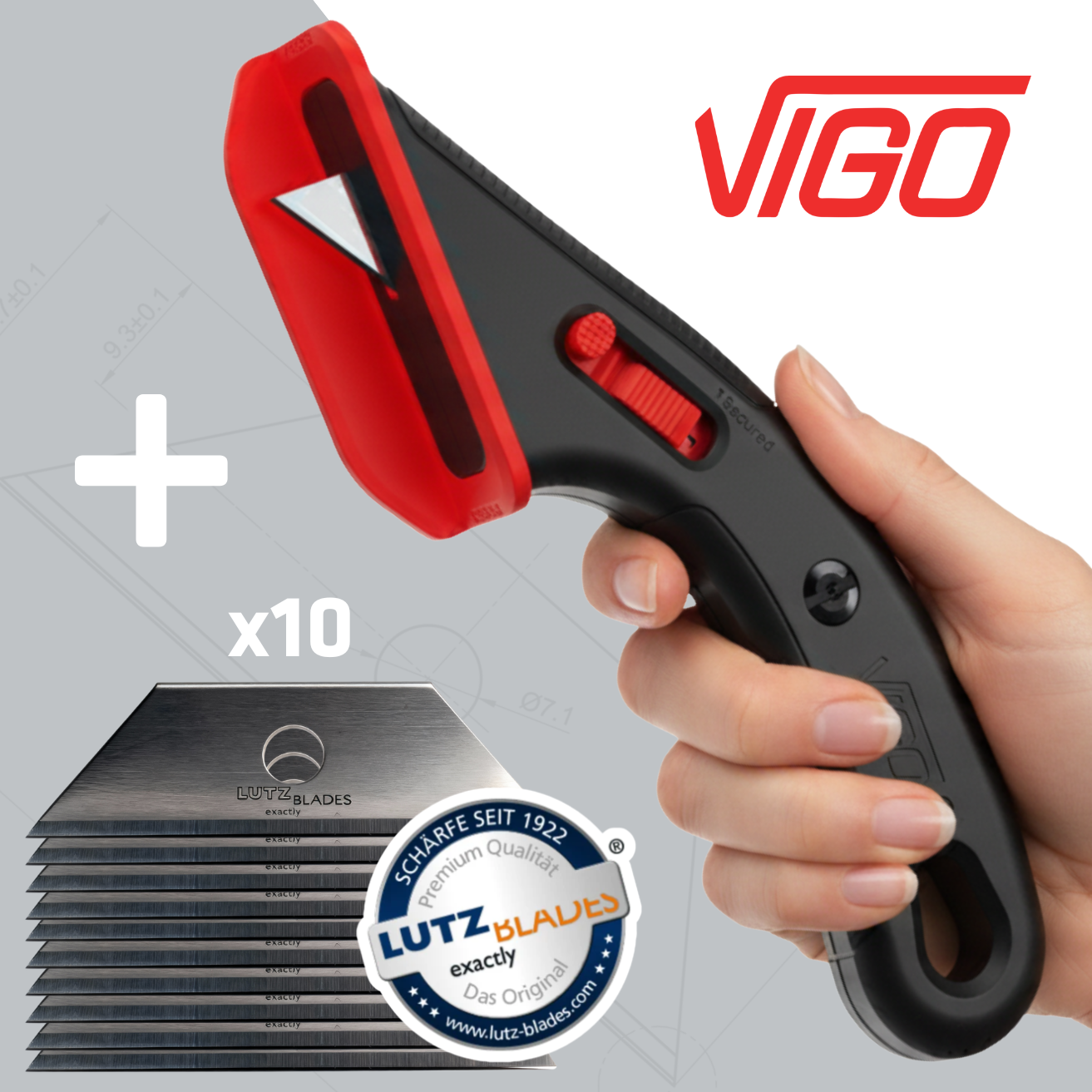 VIGO Sicherheits-Kartonmesser + LUTZ Ersatzklingen 10er Pack